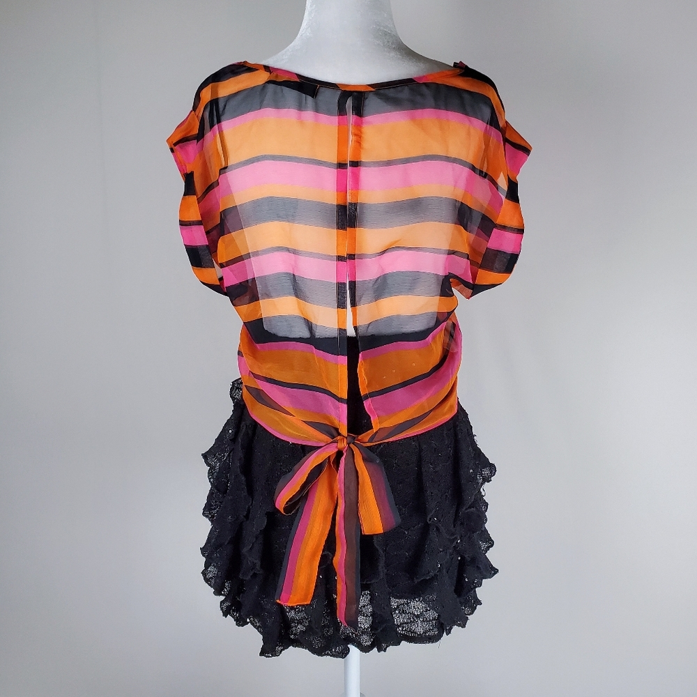 Forever 21 Striped Orange Sheer Tiehem Blouse